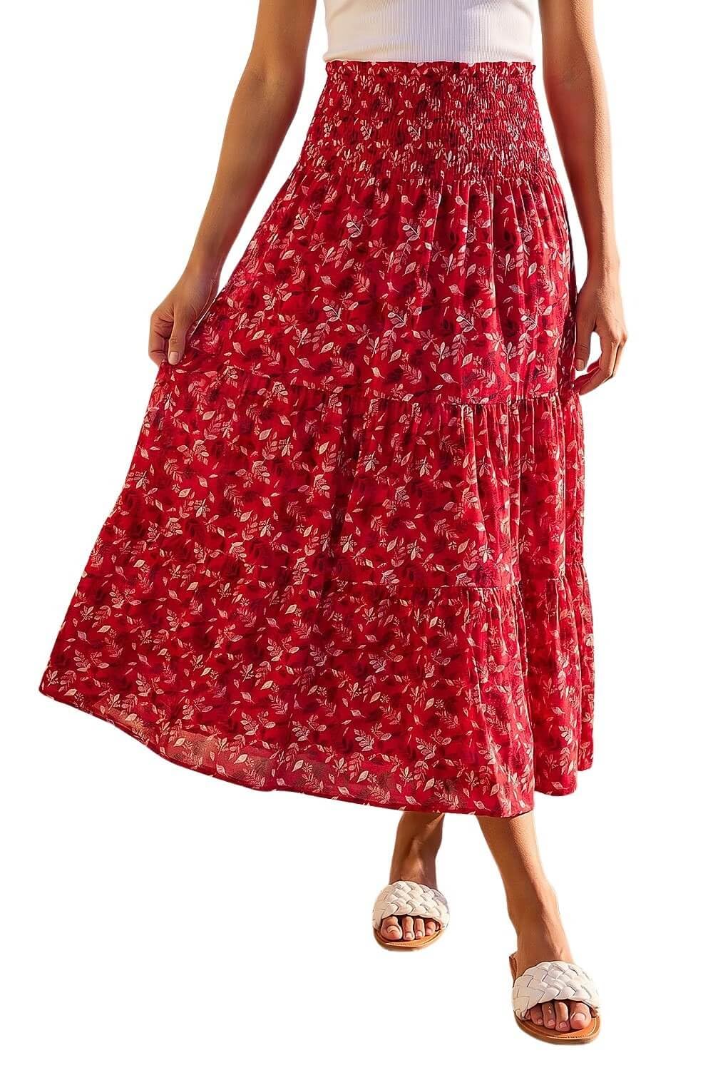 Roman Women's Abstract Print Shirred Multiway Skirt in Red | Size: 20