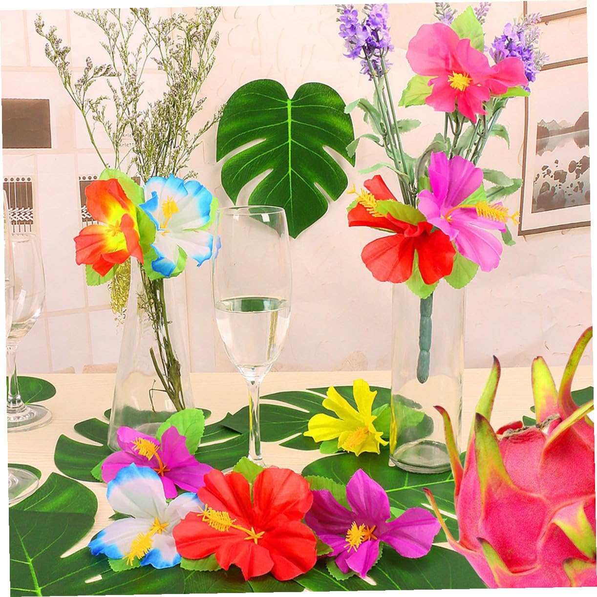 Tofficu 72 Stück Künstliche Tropische Blumen mit Blütenköpfen für Bastelarbeiten und Hawaii Kunstblumen als Sommerfest Dekoration und Fotorequisiten aus Stoff Zufällige Farbe