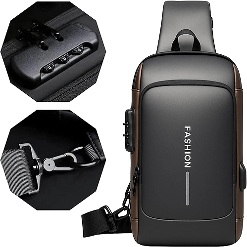 Bolsa Mochila Tiracolo Transversal Pochete de Couro Antifurto, Impermeável, com USB, Couro, Anti-Roubo, Esportiva, Academia