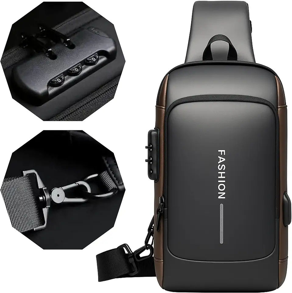 Bolsa Mochila Tiracolo Transversal Pochete de Couro Antifurto, Impermeável, com USB, Couro, Anti-Roubo, Esportiva, Academia