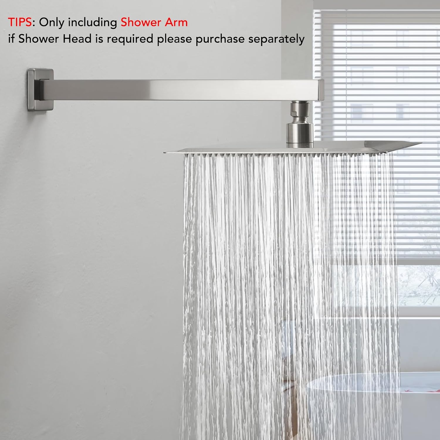 BESy 14 Inches Straight Extended Shower Arm With Flange, Rain Shower Head Extension Arms, Square Shower Rod Shower Head Extender Arm Shower Pipe Extension, Wall-Mounted Brushed Nickel Stainless Steel