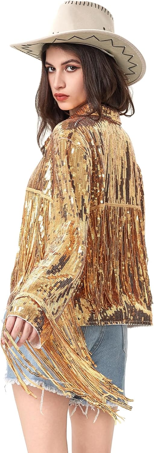 MISI CHAO Sequin Fringe Jacket Shiny Disco Cowgirl Outfit Theme Y2K 90s Streetwear Jacket Glitter Tassel Coat - Image 3