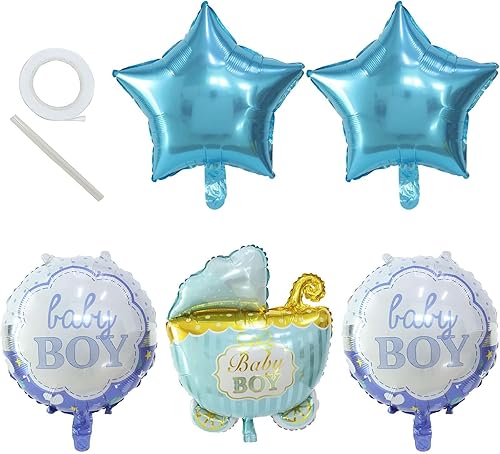 Miniatura 8 de Tableclothsfactory Juego de 5 globos de aluminio Mylar azul/blanco para baby shower, ramo de globos redondos y para cochecito de bebé con cinta,