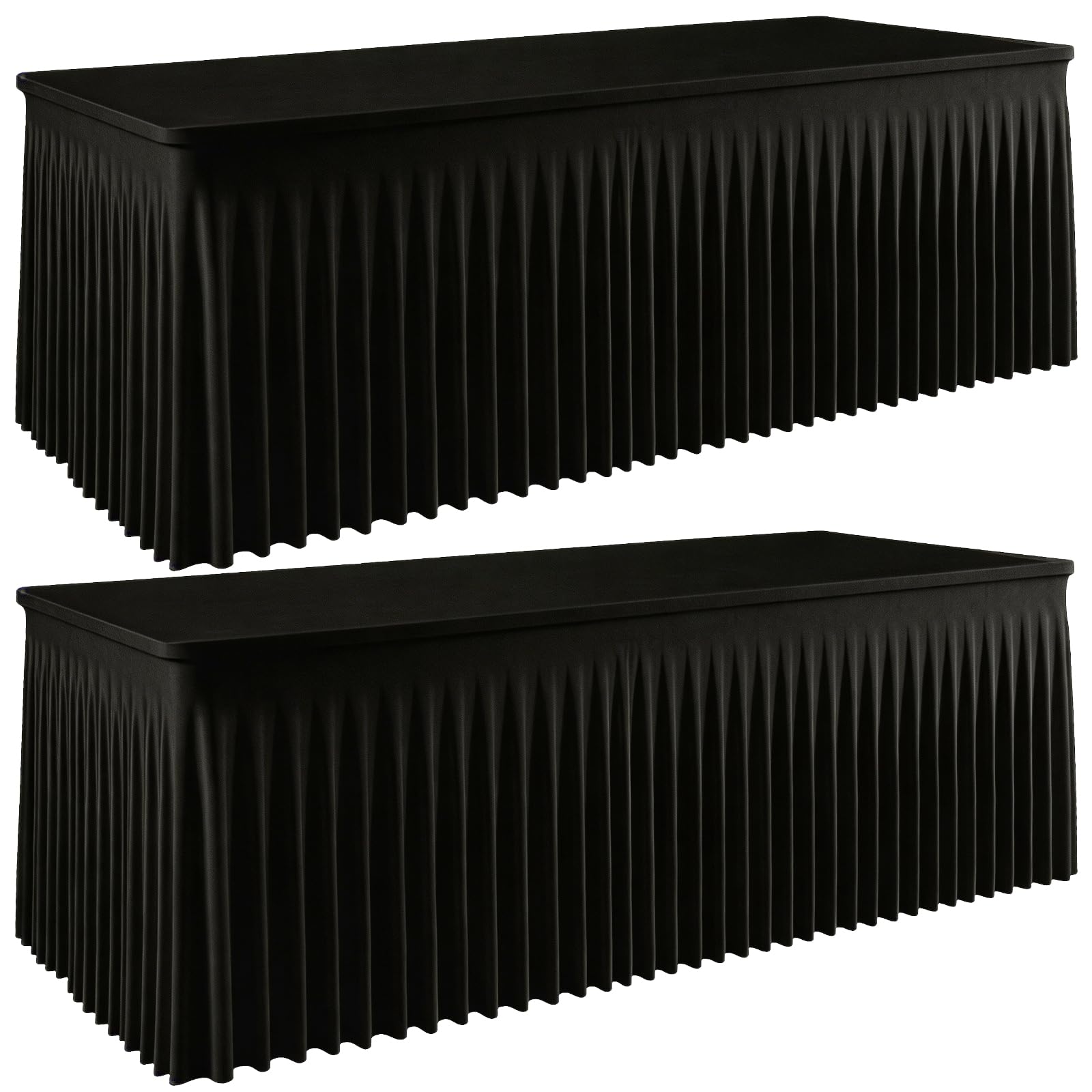 2 Pack 8FT Black Spandex Tablecloths with Skirts, 96 Inch Stretch Fitted Rectangular Table Covers, Wrinkle Resistant Reusable Tablecloth for Wedding, Party, Banquet, Christmas, Halloween