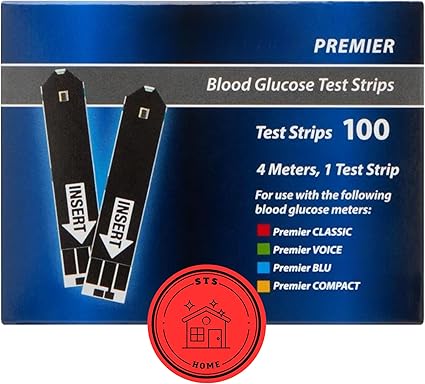 Premier Blood Glucose Test Strips | Blood Glucose Test Strip | Blood Sugar Test Strips | Premier Test Strips 100 Count + STS Sticker.