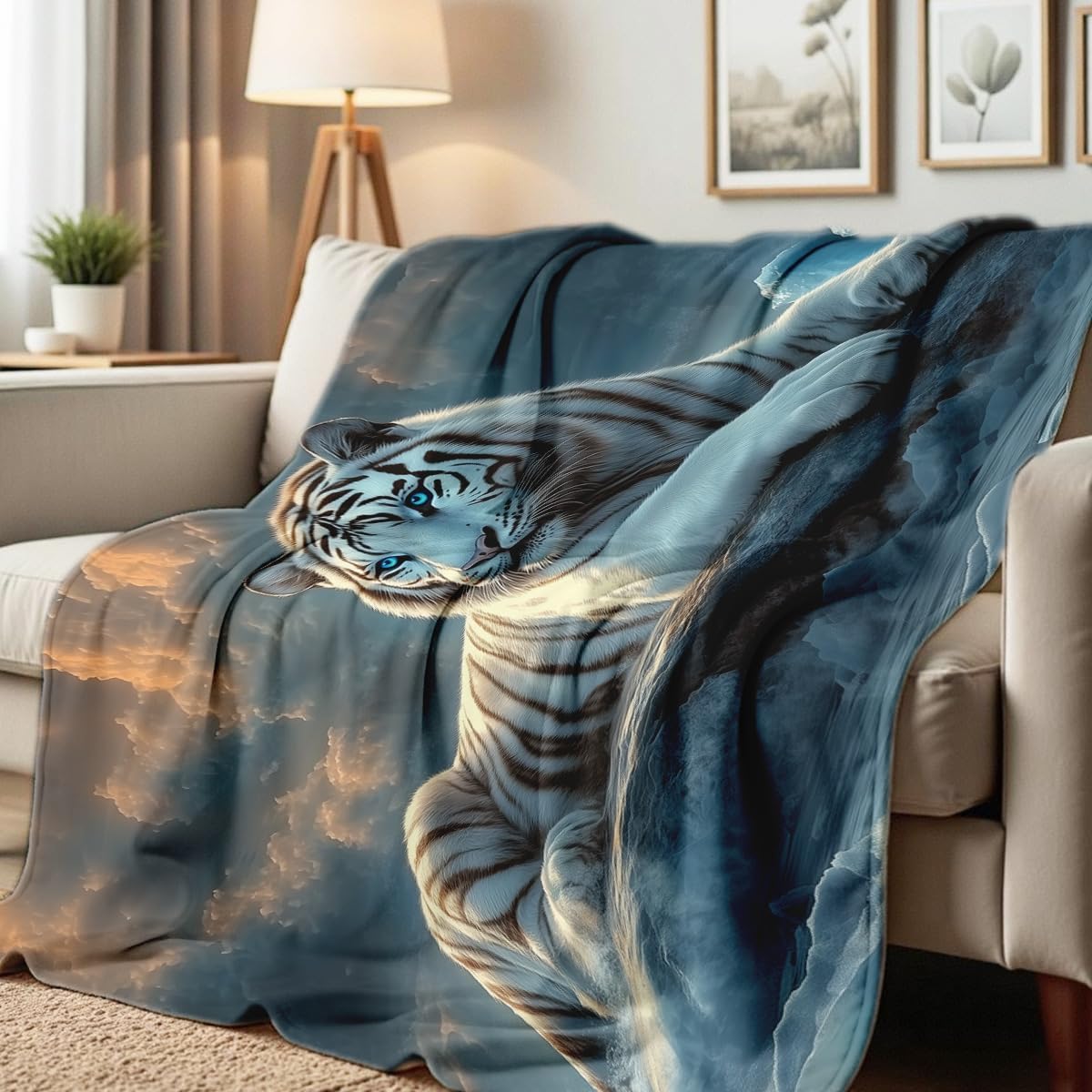 White Tiger Print Flannel Blanket - Forest Wildlife Throw for Bed Couch Decor Wild Animal Queen Size Bedding Gifts for Tiger Lovers (49"x59")