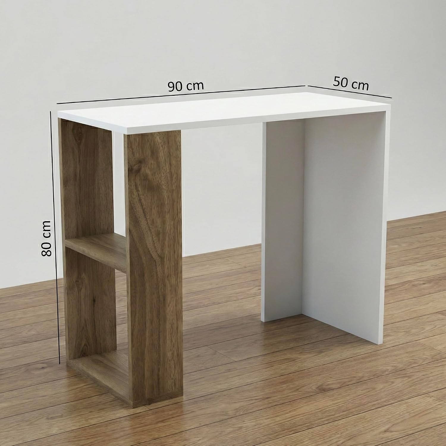 Strata Compact Computer Desk with Built-in 2-Tier Bookshelf, Space-Saving Modern Study Table & Workstation for Home Office, 90x50x80cm (White & Walnut)