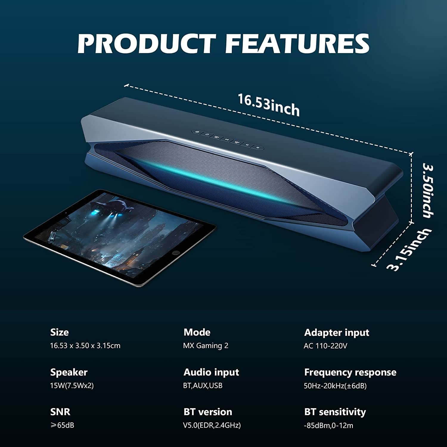 Computer Speaker Soundbar with Bluetooth: Colourful RGB Sound Bar with Stereo Subwoofer and AUX- Small Portable PC Speakers with Strong bass - Wireless and Wired Exterior Powered Speaker System