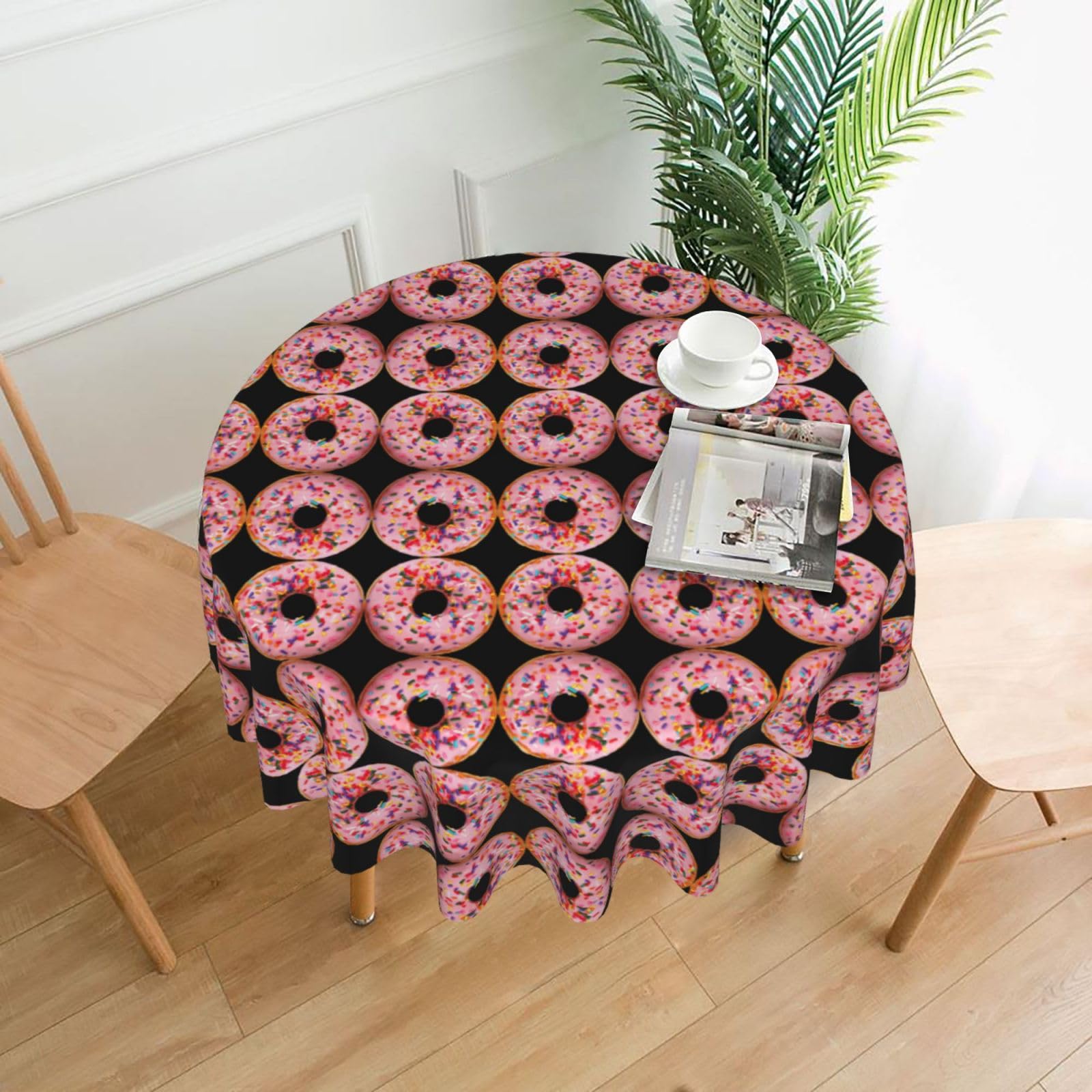 Uusnwaa Strawberry Donut Print Round Tablecloth 60 Inch, Stain Wrinkle Resistant Washable Polyester Table Cover For Kitchen Party