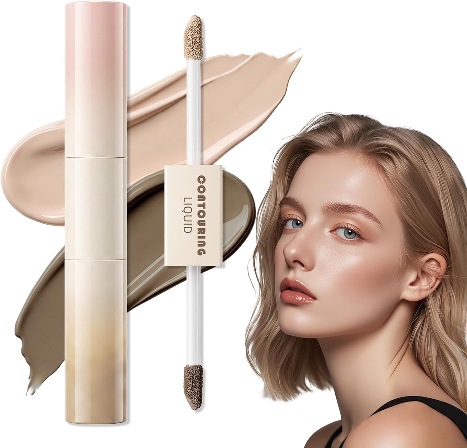 2-in-1 Dual-Ended Liquid Contour & Highlighter, Under Eye Brightening Silky Smooth Makeup Pen for Face Contouring, Waterproof Lightweight Ultra-Blendable Formula for Woman (01# Warm Brown Beige)