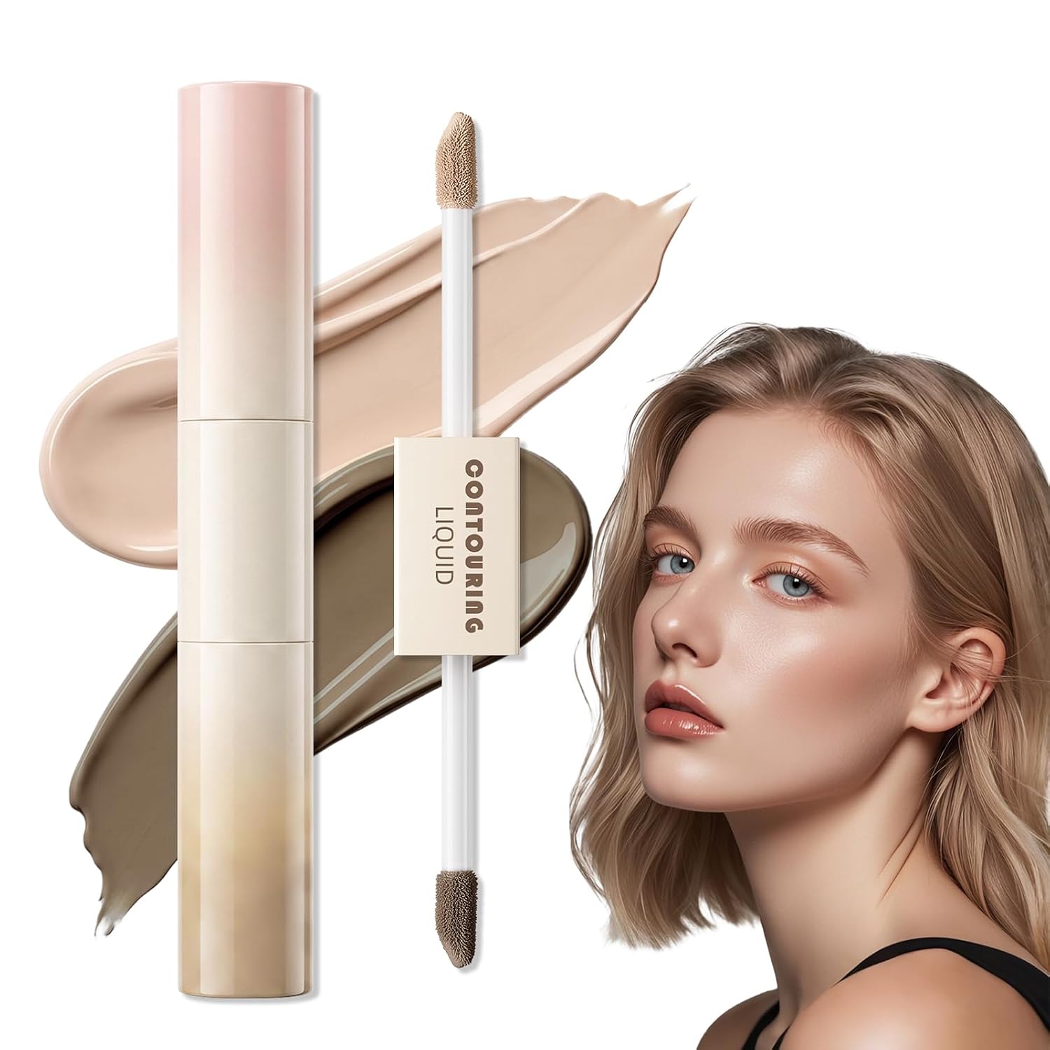 2-in-1 Dual-Ended Liquid Contour & Highlighter, Under Eye Brightening Silky Smooth Makeup Pen for Face Contouring, Waterproof Lightweight Ultra-Blendable Formula for Woman (01# Warm Brown Beige)