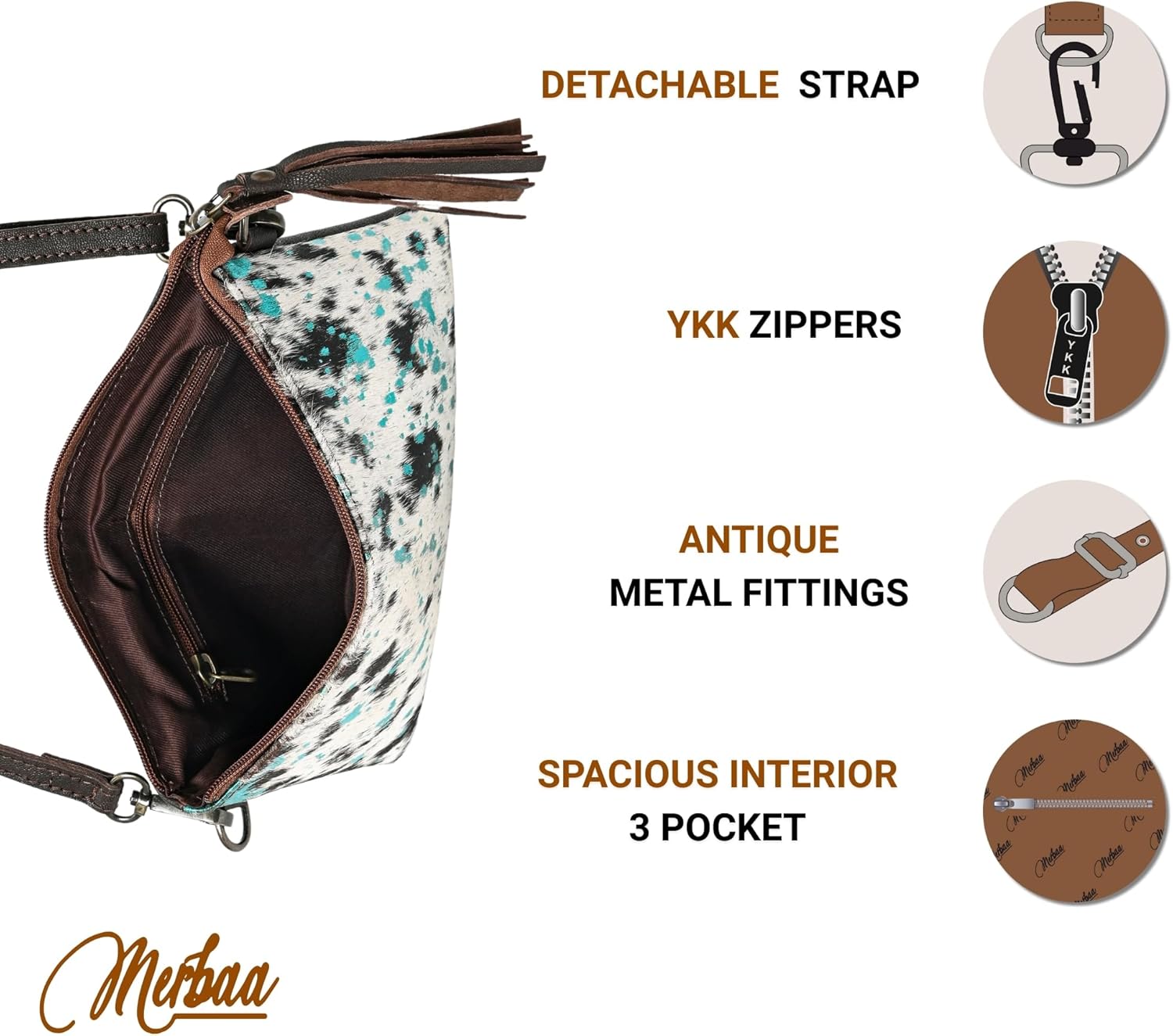 Merbaa cowhide and hair on Pouch bag Genuine cowhide hair on small crossbody Bag with adjustable detachable strap