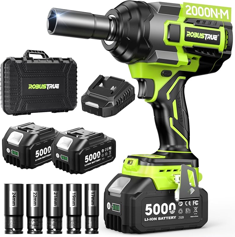 Llave de impacto inalámbrica de 1/2 accionamiento, torque de 1475 pies-libras (2000 N.m) | Pistola de impacto sin escobillas, destornillador de impacto a batería con 2 baterías de 5000 mAh y 5 enchufes para tuercas de neumáticos de camiones y automóviles