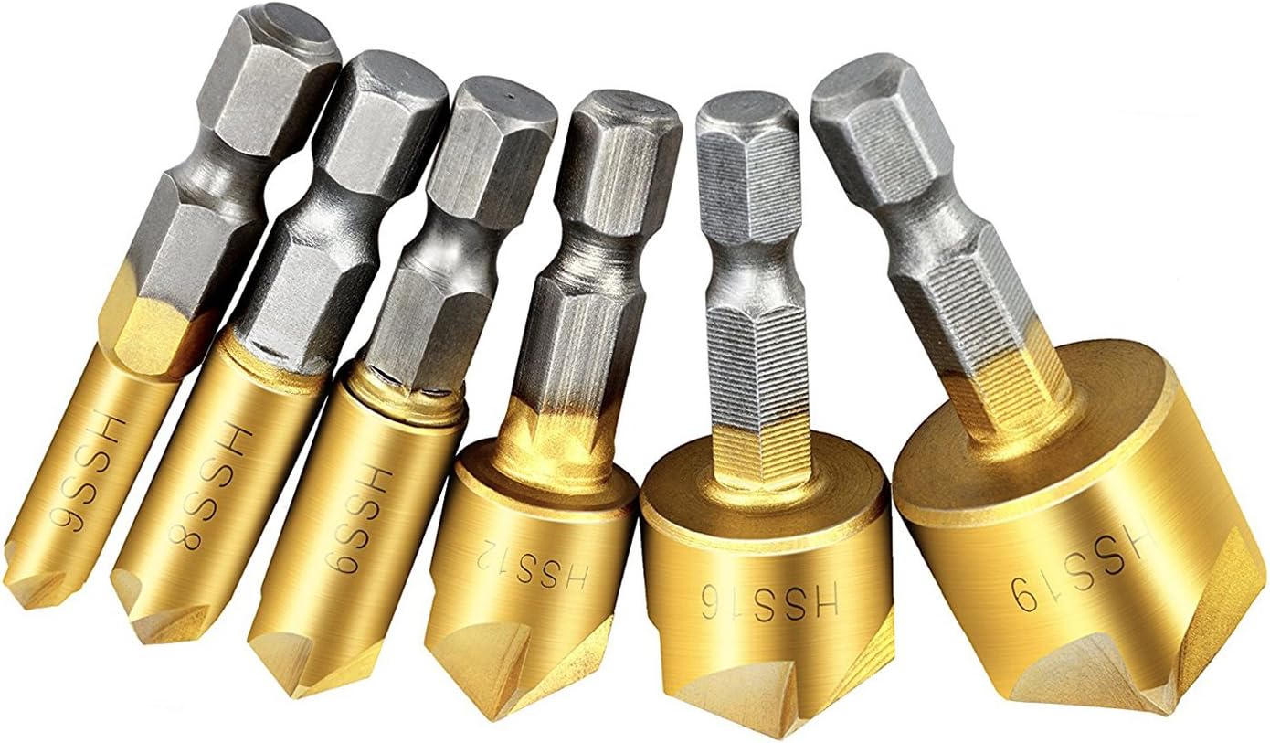 Countersink Drill Bit，4inLoveMe 6mm-19mm 1/4" Hex Shank HSS 5 Flute Countersink Titanium Coated Drill Bit Tool Set for Wood Quick Change Bit -6PCS