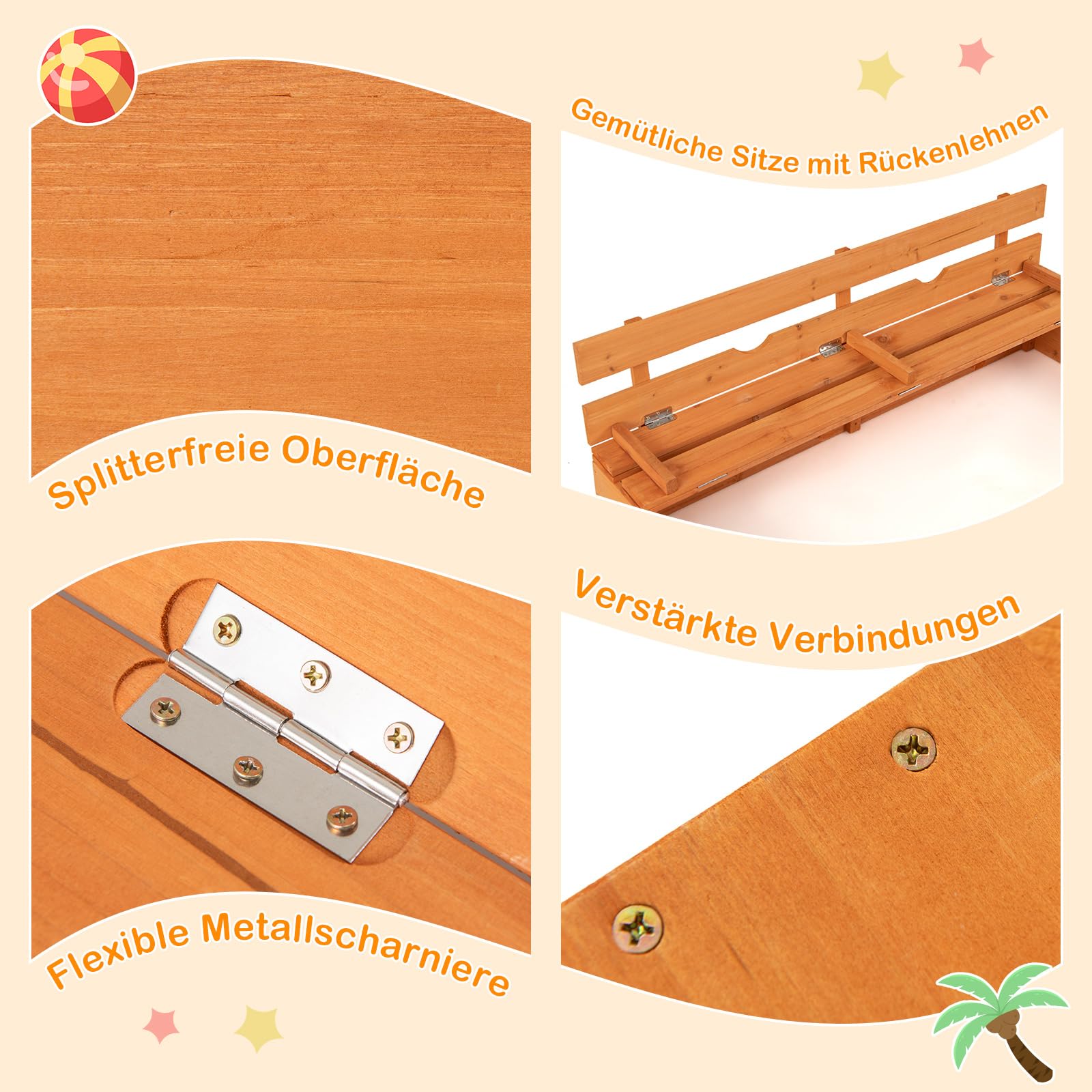 COSTWAY Sandkasten mit Sitzbänken, 120x120 cm Sandkiste Holz, Sandbox mit Deckel & Bodenvlies, Kinder Sandkasten Outdoor, für Garten, Balkon, Terrasse