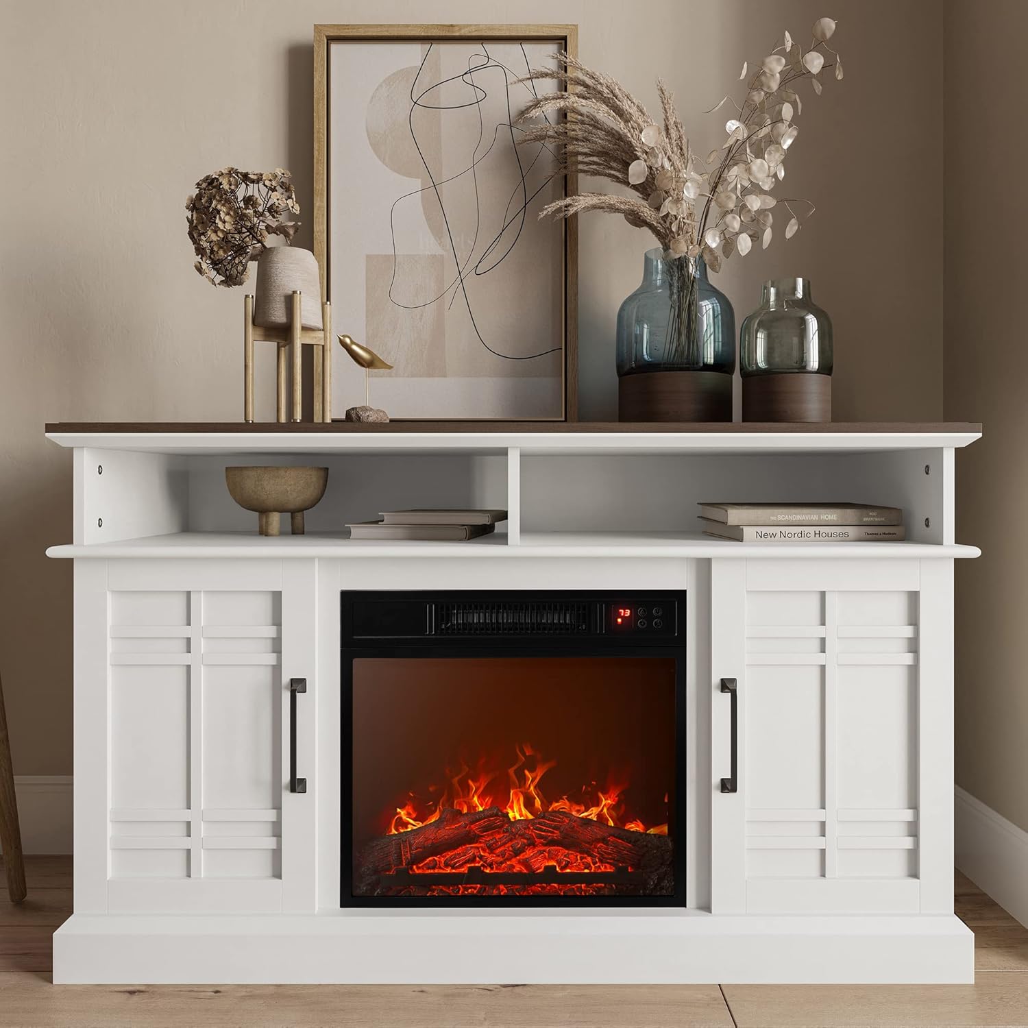 BELLEZE 47" TV Stand with 18" Electric Fireplace, Modern Electric