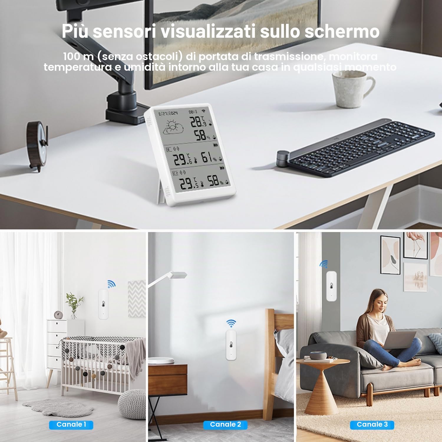 Termometro e igrometro WLAN interno: Monitor intelligente di temperatura e umidità con notifiche App ed esportazione dati gratuita, compatibile con Alexa, 4 sensori e stazione base