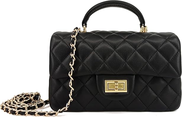 M-ioi-M Small Quilted Lambskin Evening Crossbody Bag with Top Handle | Classic quilted lambskin mini flap bag with top handle and chain strap for everyday elegance and evening occasions