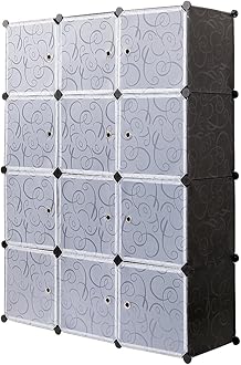 Mondeer Portable Wardrobe,12 Cube Storage Organiser Unit, Cube Closet,Storage Cubes for Clothes, Modular Cabinet for Space Saving, Translucent Decorative Patterns, Elegant Black & White