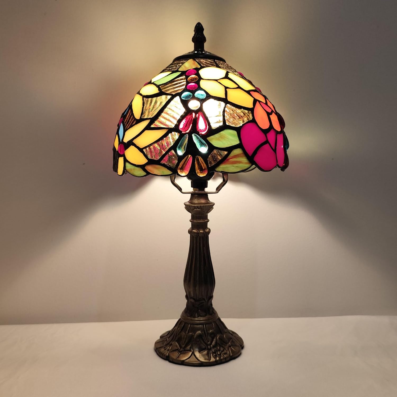 Small Tiffany Table Lamp 3-Way Tiffany Style Desk Lamp Stained Glass Antique Light Home Bedroom Bedside Lamp Retro Reading Decoration Lamps (Small Crushed Flowers Style)