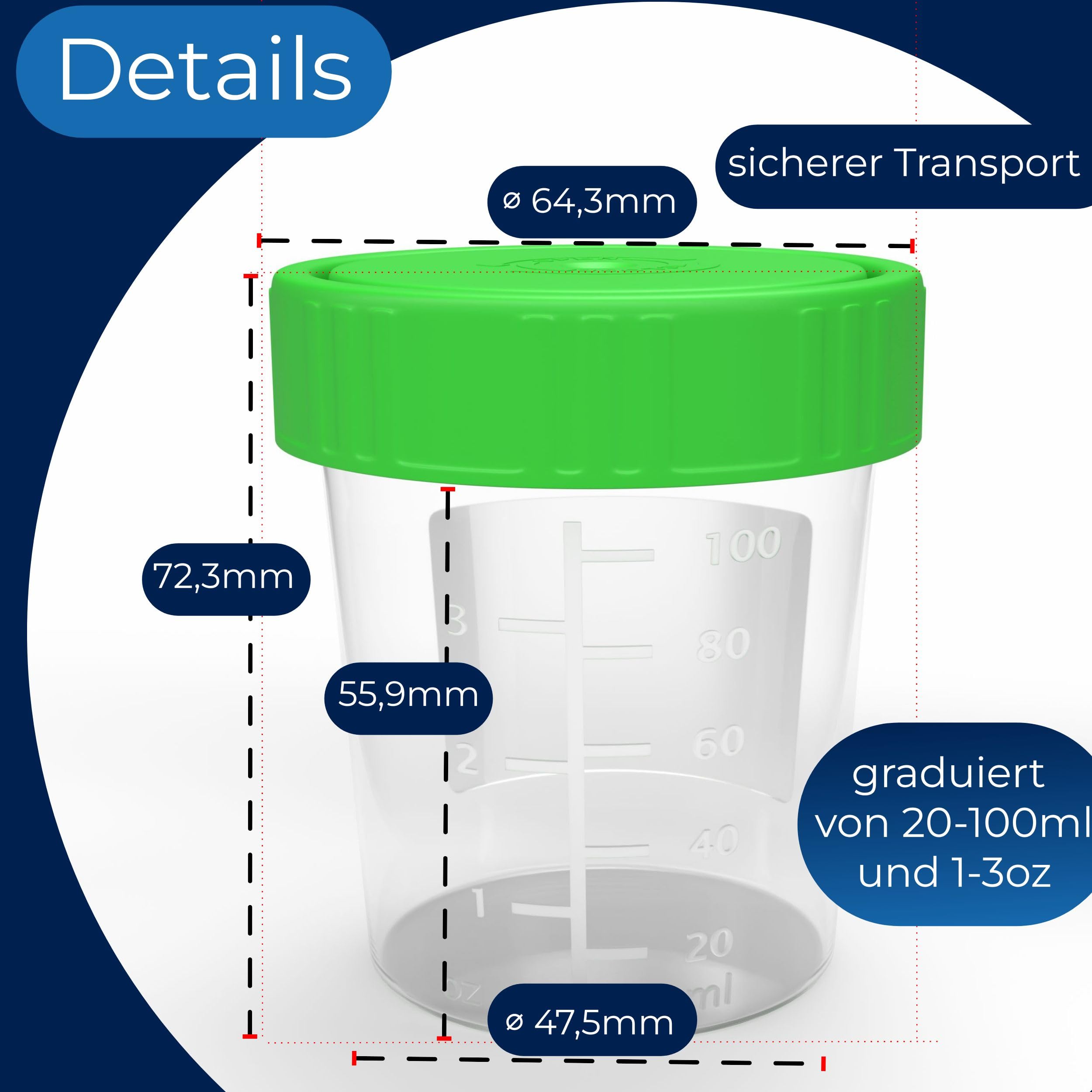 Urinbecher/Probenbecher mit Schraubverschluss 125ml Fassungsvermögen, Maßtabelle bis 100ml/3oz, beschriftbar (100Stk)