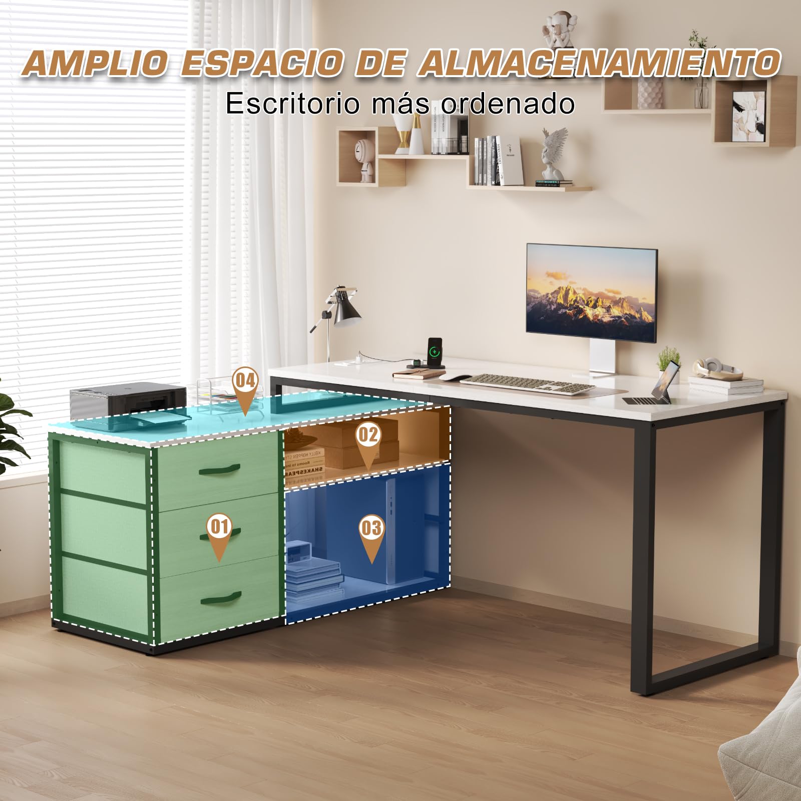TRIUMPHKEY 140x105cm Escritorio Esquinero Reversible,Mesa de Ordenador con 3 Cajón,Estante de Almacenamiento,Escritorio en L con 2 Puerto de Carga USB y 2 Toma de Corriente para Oficina en Casa Gris
