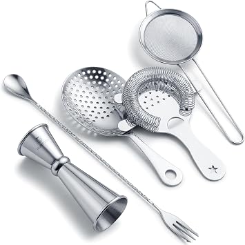 Homestia 5-Piece Silver Cocktail Strainer Set, Stainless Steel Hawthorne + Julep + Fine Mesh Strainers with Bar Spoon & Jigger, Professional Bartending Tools