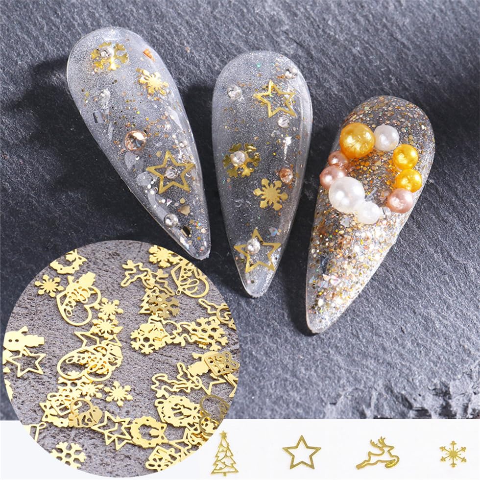 12 Grids Christmas Nail Charms Gold Metal Nail Studs Nail Decoration Kit for Women Nail Decoration DIY Nail Art Crafts with 1 Tweezer