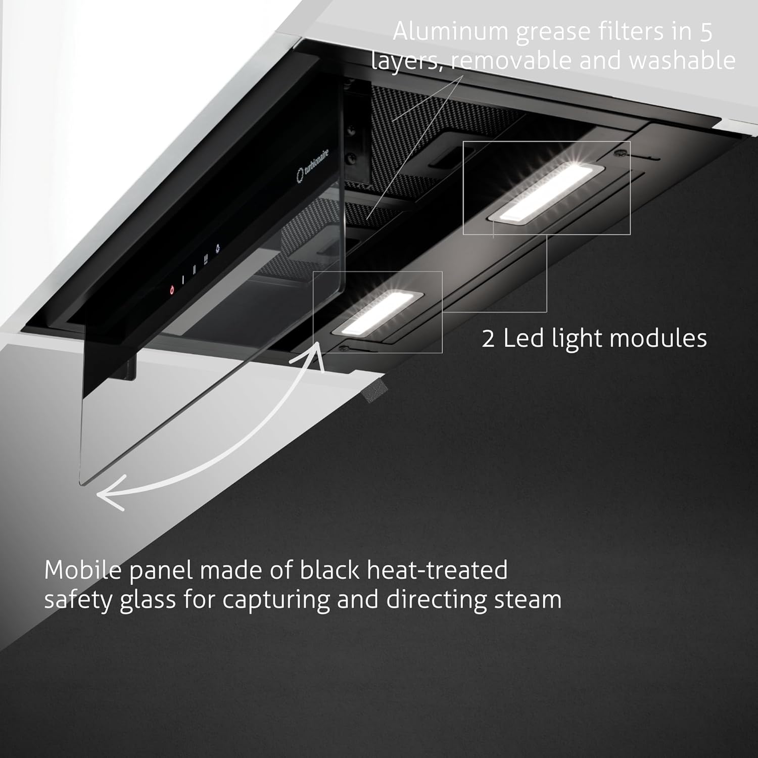 Kitchen hood integrated into cabinetry showing easy access and storage