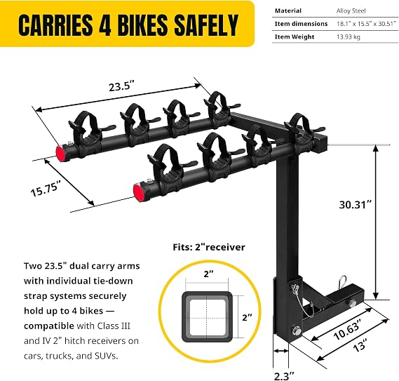 MaxxHaul 4-Bike Hitch Mount Rack - Dual Arm Carrier with Tie-Down Straps, Fits 2 Class III-IV Receiver, Foldable Heavy-Duty Steel (50250)