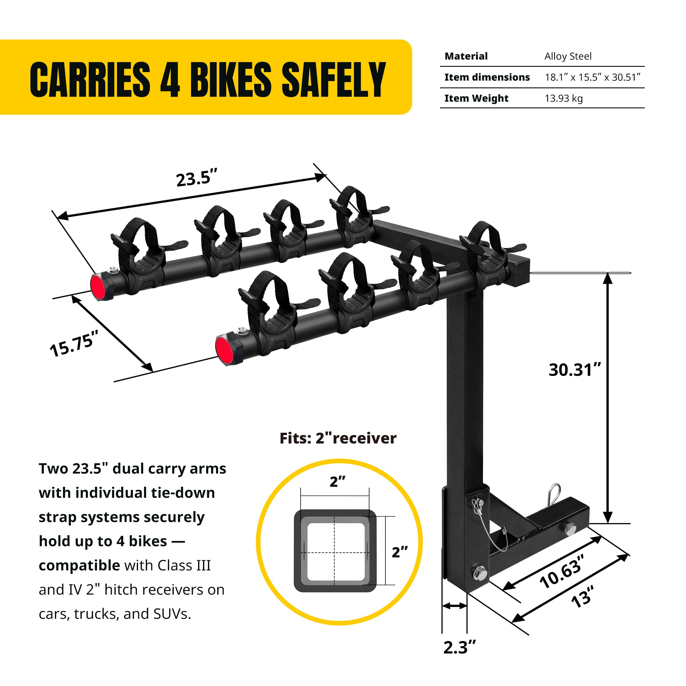 MaxxHaul 50250 Hitch Mount 2-Arm Style 4 Bike Rack