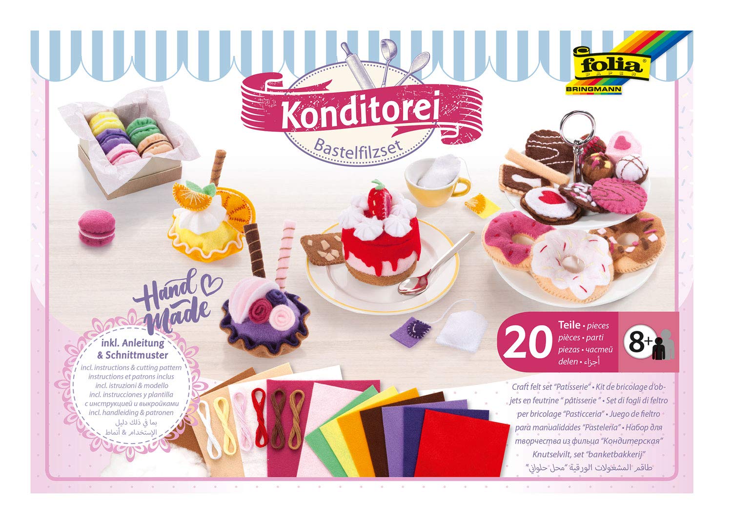 folia 51029 Craft Felt Set Pastry Shop 20 Pieces, Comprehensive Craft Set for Designing Grocery Shop Products Made of Felt, Includes Instructions and Sewing Pattern
