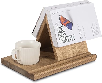 Wooden Book Rest Stand, Walnut | Triangle Book Holder, Coffee Cup Tray, No Assembly Needed, Book Nook Reading Valet