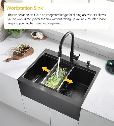 Miniatura 4 de Luckyhorse LH008SZ - Fregadero de cocina negro con caída en la estación de trabajo de acero inoxidable negro mate de calibre 16, fregadero de cocina