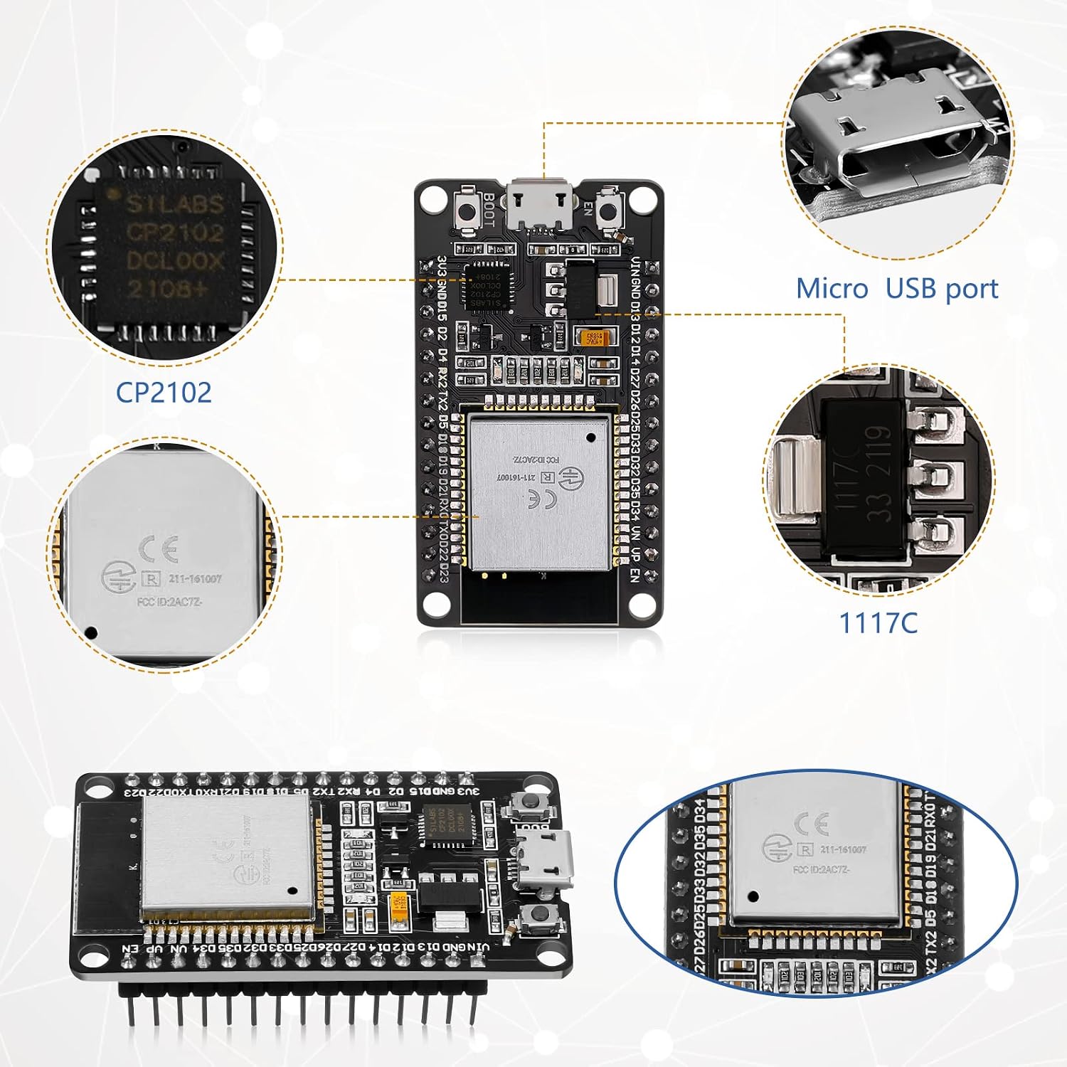 3 Pieces ESP WROOM 32 ESP32 Development Board 2.4GHz WiFi Dual Cores Microcontroller Integrated with Antenna RF Low Noise Amplifiers Filters