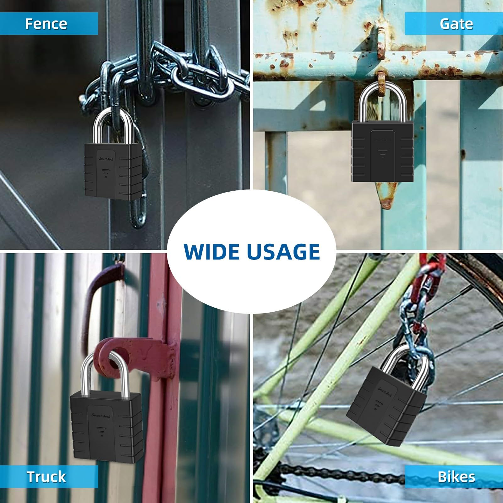 Cadenas à empreintes digitales avec application et clé, cadenas noir très résistant, adapté pour l'extérieur, le camion, l'entrepôt et les casiers d'armoires