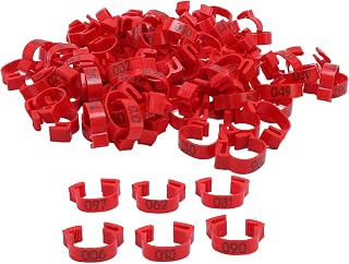 Poultry Leg Bands 20mm 001-100 | Sturdy Plastic Identification Tags for Chickens/Ducks/Geese | Easy Clip Design for Quick Tracking | 100PCS Numbered Leg Rings (Red)