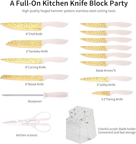 Miniatura 2 de Juego de cuchillos de cocina antiadherentes con bloque de cuchillos, cuchillos dentados, tijeras y afilador, 15 piezas de acero inoxidable de