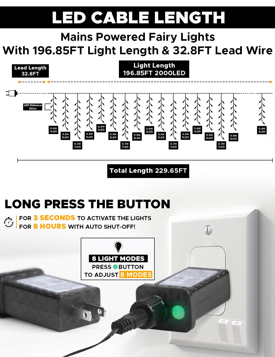 EcoNour Luci natalizie bianche calde per esterni, 2000 LED, 8 modalità, timer 8 ore, funzione di memoria, filo trasparente, luci a innesto per tetto, cortile