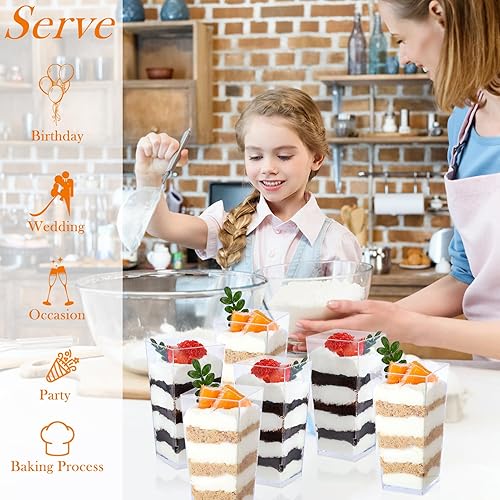Miniatura 7 de Paquete de 100 mini tazas de postre de 3 onzas con tapas y cucharas, tazas cuadradas altas de plástico para parfait para fiestas, pequeños vasos de