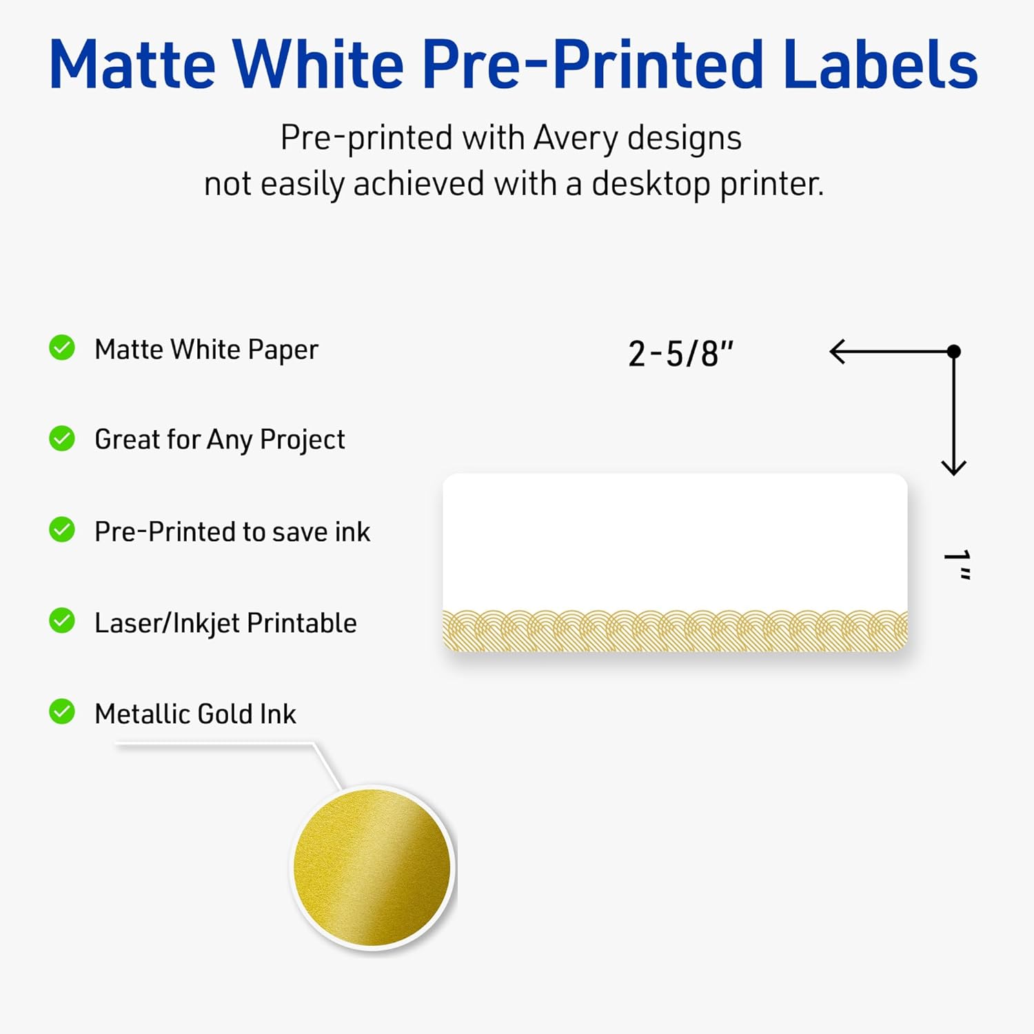 Avery Printable Rectangle Address Labels, 1" x 2-5/8", Matte White, Pre-Printed Gold Lace Trim Design, Sure Feed Technology, Laser & Inkjet Compatible, 320 Total