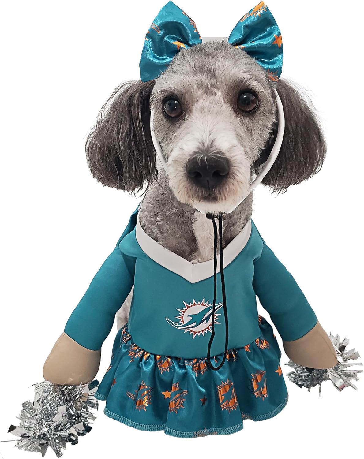 NFL Miami Dolphins Officially Licensed Cheer Dog Costume by MODERN HERO Includes Dress with Faux Stuffed arms and Tinsel pom-poms and Satin Bow Headband, Size XXL