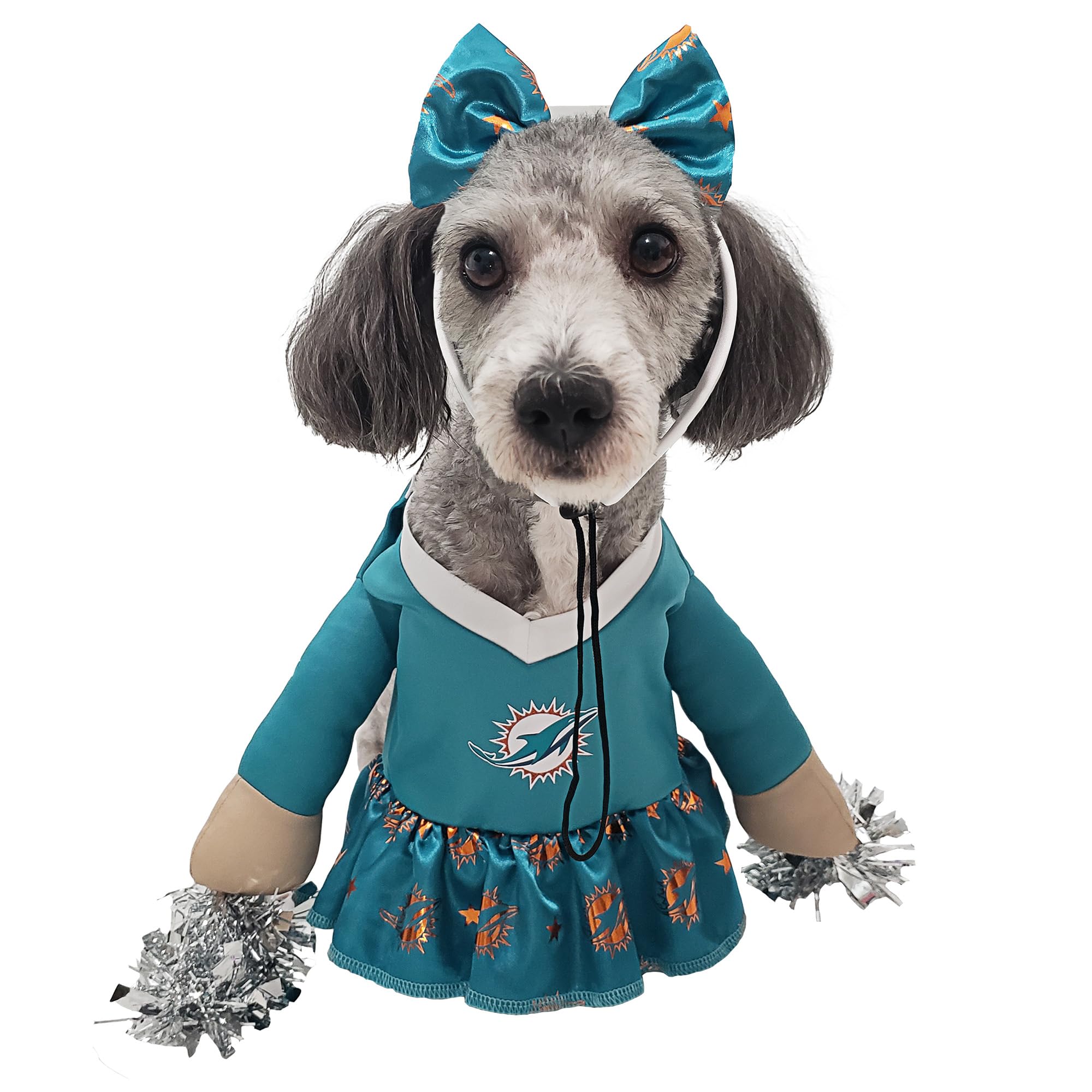 NFL Miami Dolphins Officially Licensed Cheer Dog Costume by MODERN HERO Includes Dress with Faux Stuffed arms and Tinsel pom-poms and Satin Bow Headband, Size XL