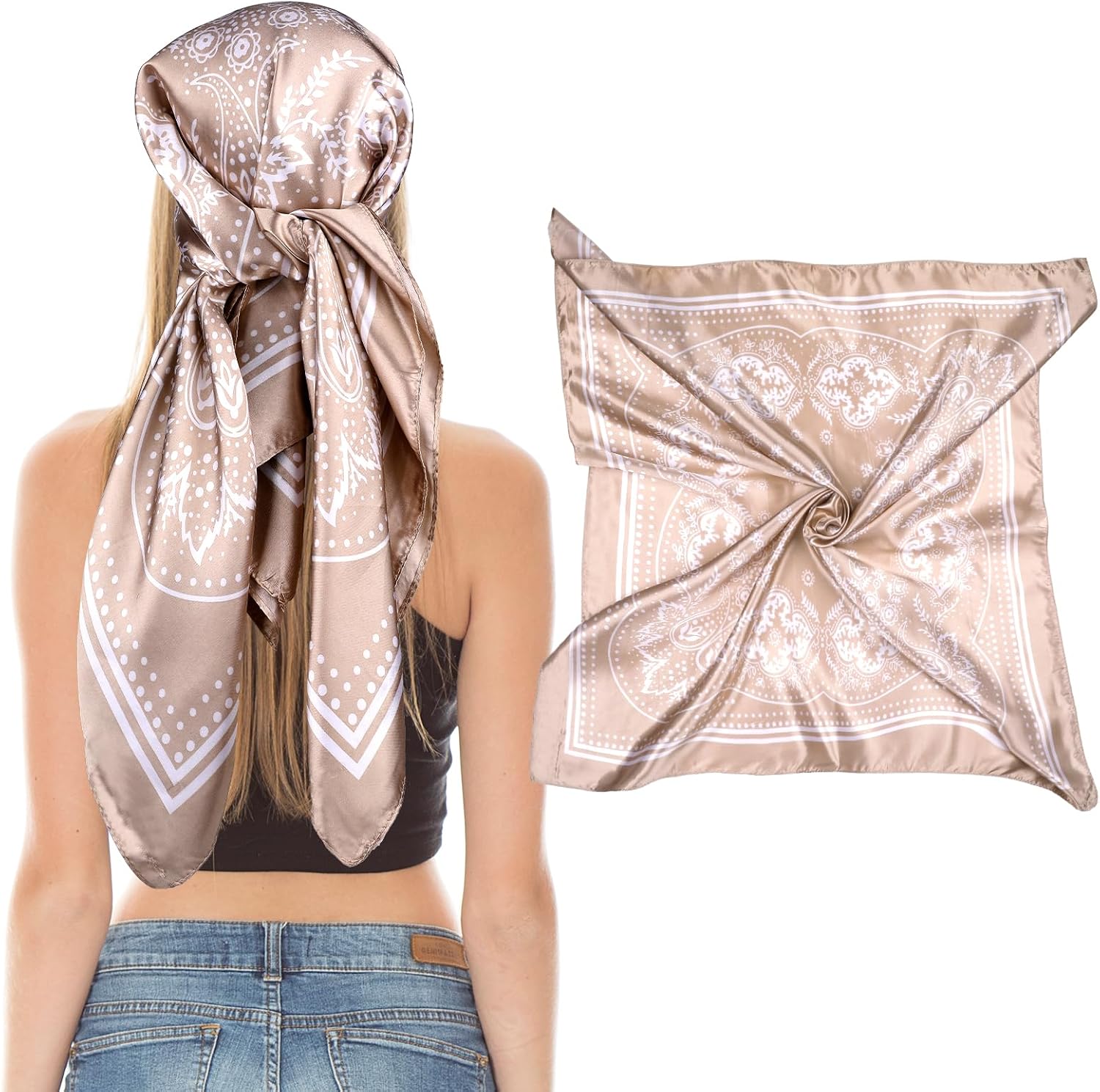 Giantree Women's Square Satin Head Scarves, 35" Soft Square Scarf Bandana Neck Headscarf Decoration Gift for Women (Camel)