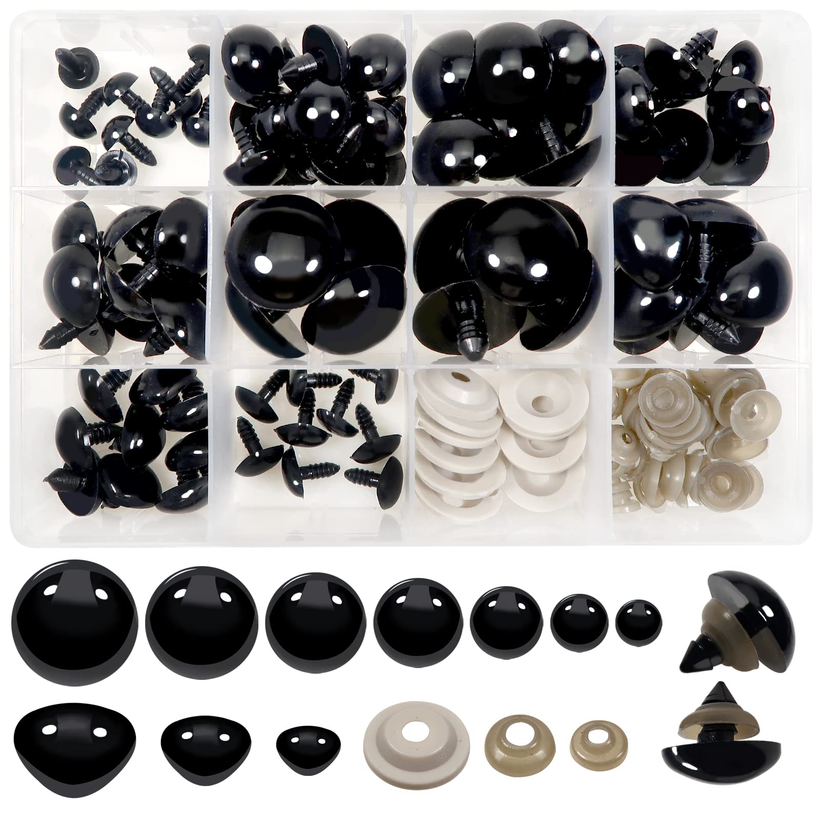 TOAOB 100pcs Large Safety Eyes and Noses Crafts Doll Eyes with Washers 12mm to 30mm Black Plastic Safety Eyes for Amigurumis Crochet and Stuffed Animals Bears Making