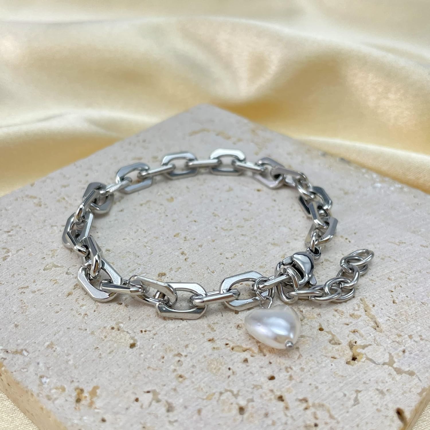 Womens Heart-shaped Pearl Pendant with Gold-plated Stainless Steel Bracelet - A Timeless Expression of Love | Personalized Gift ID, Chain or Cuff Bracelet for Lady