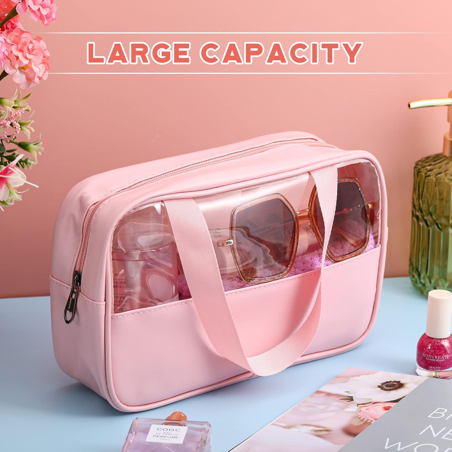 Buryeah 9 Pcs Translucent Make up Bag Toiletry Organizer for Women Men Waterproof Portable Cosmetic Travel Bag with Hanging Handles Travel Storage Carry Pouch Gifts for Bridesmaid (Pink) - Image 3
