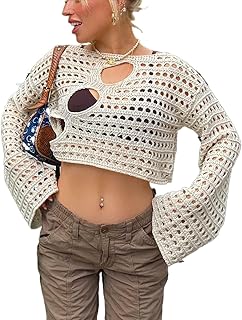 Women's Crochet Knit Crop Top Pullover Sweater Long Sleeve Hollow Out Square Neck Y2k Shirt Summer Streetwear