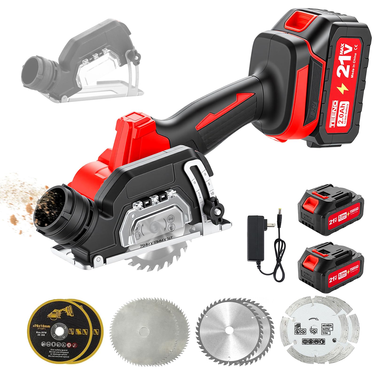 TEENO Scie Circulaire Sans Fil Mini Compacte, Scies Circulaires Électriques, 2 Batteries 2.0Ah, 8 Lames, 20000 Tr/Min, Meuleuse À Disque, Capot Anti-Poussière Amovible, Pour Métal, Bois Et Carrelage
