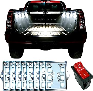 طقم إضاءة سرير شاحنة بيك اب LED باللون الأبيض، 8 قطع، 48 مصباح LED، طقم إضاءة صخرية IP68 مقاوم للماء، مجموعة إضاءة LED مع مفتاح للسيارة، وعلامة جانبية، وآبار القدم، وأضواء السكك الحديدية لعيد الهالوين